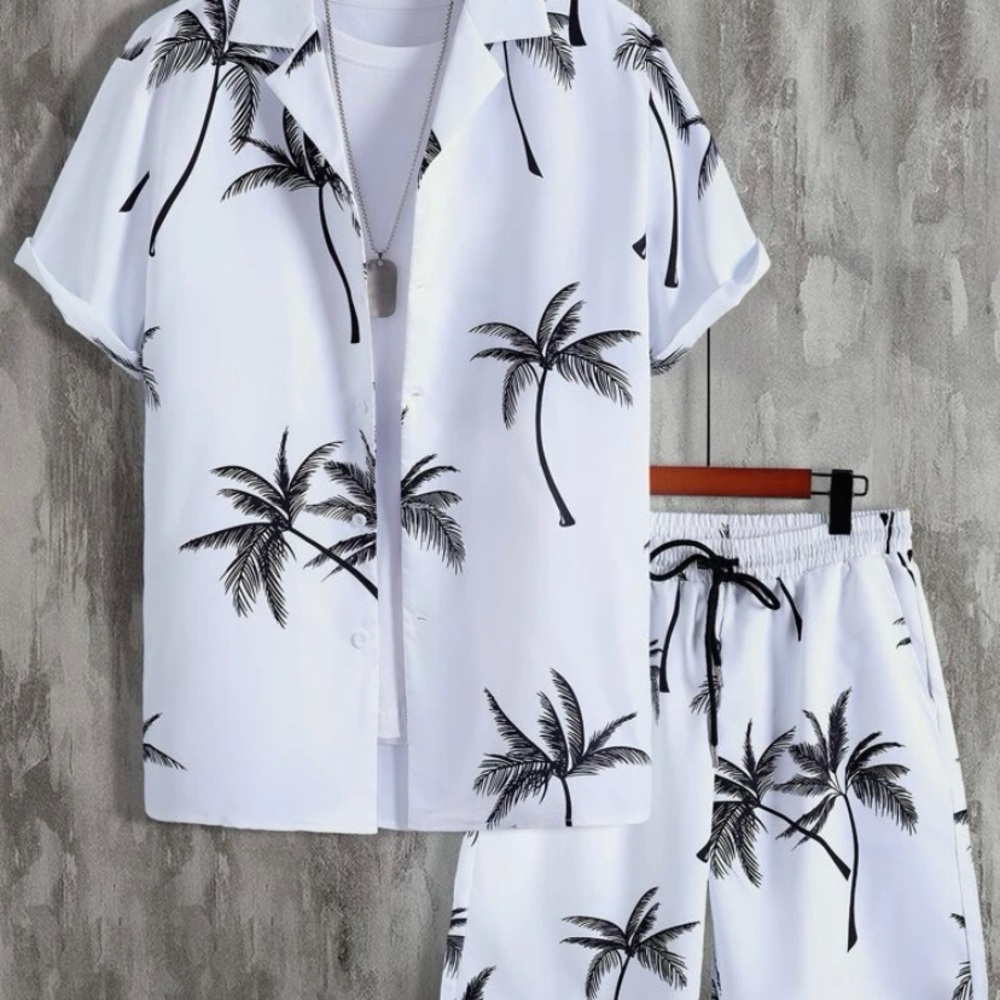 Men Random Palm Tree Print Shirt & Drawstring Waist Shorts
Without Tee
